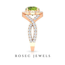 Load image into Gallery viewer, Spiral Shank Engagement Ring, D-VSSI 3 CT Moissanite, 8 MM Peridot Ring, Halo Gemstone Solitaire Ring, Classic Wedding Ring, Bridal Statement Ring, 14K Rose Gold, Size:US 12.5