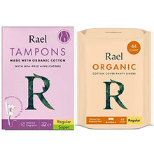 Load image into Gallery viewer, Rael Period Bundle - BPA-Free Plastic Applicator Tampon (Regular & Super, 32 Count) & Organic Cotton Cover Regular Liners (40 Count)