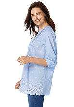 Load image into Gallery viewer, Woman Within Women's Plus Size Embroidered Cotton Tunic - 1X, French Blue Stripe Eyelet Embroidery White