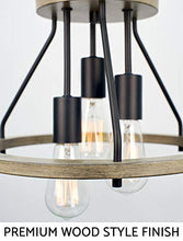 Load image into Gallery viewer, Kira Home Sullivan 14" 3-Light Rustic Farmhouse Flush Mount Ceiling Light, Metal Drum Shade, Smoked Birch Wood Style + Black Finish
