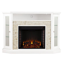 Load image into Gallery viewer, SEI Furniture Redden Faux Stone Convertible Electric Media Storage Corner Fireplace, Fresh White