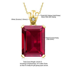 Load image into Gallery viewer, Gem Stone King 18K Yellow Gold Plated Silver Red Created Ruby Pendant Necklace For Women 20.05 Ct Emerald Cut 18X13MM with 18 Inch Silver Chain