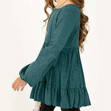 Load image into Gallery viewer, Vermisse Girls' Long Lantern Sleeve Tunic Tops Round Neck Casual Loose Swing Shift Pollover Blackish Green