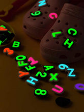 Load image into Gallery viewer, 72pcs Glowing Letter Shoe Charms Glow in The Dark Numbers Shoe Decorations Fits for Clog Shoes Wristband Bracelet Party Favors