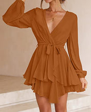 Load image into Gallery viewer, ZESICA Women's Casual V Neck Dress Long Sleeve Wrap Tie Waist Ruffle Hem Cocktail Wedding Party Swing Mini Dresses,Brown,X-Large