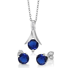 Load image into Gallery viewer, Gem Stone King 925 Sterling Silver Simulated Sapphire Pendant Necklace and Earrings Set 2.40 Cttw Round with 18 Inch Silver Chain