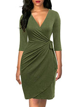 Load image into Gallery viewer, Berydress Women's 3/4 Sleeve V-Neck Draped Faux Wrap Sheath Knee-Length Solid Stretchy Cotton Business Wear to Work Dress (S, 6083-Army Green)