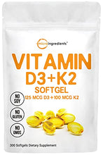 Load image into Gallery viewer, Vitamin D3 5000IU Plus K2, 2 in 1 Formula, Vitamin D3 Liquid with Vitamin K2, 300 Soft-Gels, Immune Vitamin Complex with Sunflower Seed Oil, Support Your Heart, Teeth & Joint Health, No GMO