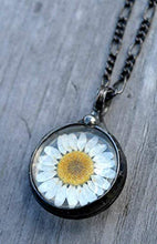 Load image into Gallery viewer, Artisan Made, Real Dry Pressed Daisy in Glass Pendant, Handmade Wildflower Jewelry, Boho Necklace April Birth Flower 2559m
