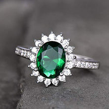Load image into Gallery viewer, Lab Created Emerald Engagement Ring Green Gemstone Solid 14k White Gold CZ Diamond Halo Flower Vintage