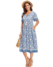 Load image into Gallery viewer, Arach&Cloz Women's Boho Tie Neck Printed Short Sleeve Floral Summer Loose Tassels Casual Midi Dress with Pockets (Floral02,XL)