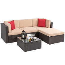 Load image into Gallery viewer, Shintenchi 5 Pieces Patio Furniture Sets Outdoor All-Weather Sectional Patio Sofa Set PE Rattan Manual Weaving Wicker Patio Conversation Set with Glass Table&Ottoman Cushion and Red Pillows (Brown)