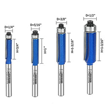 Load image into Gallery viewer, KOWOOD Plus Straight Flush Trim Router Bit Set, 1/4 Inch Shank, Top Bearing Flush Trim Bit Kit. Cutting Height in 1/4”, 5/16”, 3/8”, 1/2”. With updated Kowood C3 Carbide. Great for trim shelf edging, veneer or laminates. Ideal for work with a template to