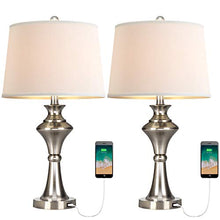 Load image into Gallery viewer, Oneach Modern USB Table Lamps Set of 2 for Living Room Bedroom Brushed Nickel Bedside Nightstand Lamps with Fabric Lampshade