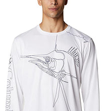 Load image into Gallery viewer, Columbia Men's Terminal Tackle PFG Running Line Long Sleeve, White/Collegiate Navy Sailfish, X-Large