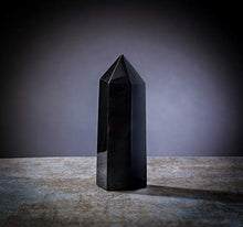 Load image into Gallery viewer, Crystalya Premium Quality 4" Extra Large Healing Crystal Wand, Black Obsidian Crystal, Merkaba Symbol Engraving, Crystals and Healing Stones, Home Decor, Reiki, Chakra, Meditation - Wooden Gift Box