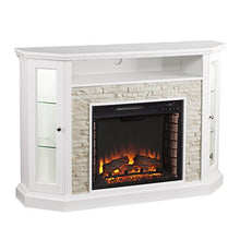 Load image into Gallery viewer, SEI Furniture Redden Faux Stone Convertible Electric Media Storage Corner Fireplace, Fresh White