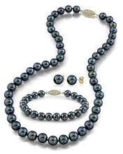 Load image into Gallery viewer, THE PEARL SOURCE 14K Gold 7-7.5mm Round Black Akoya Cultured Pearl Necklace, Bracelet & Earrings Set in 17" Princess Length for Women