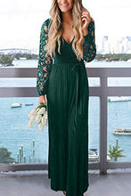 Load image into Gallery viewer, Zattcas Women Fall Casual Wrap V Neck Vintage Floral Lace Long Sleeve Maxi Dress Dark Green Small