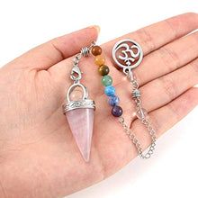 Load image into Gallery viewer, Jovivi Natural 7 Chakra Healing Crystals Pendulum for Dowsing Divination Rose Quartz Pointed Cone Gemstone Reiki Pendulum Pendant with OM Charm Chain