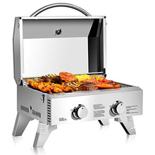 Load image into Gallery viewer, Giantex Propane Tabletop Gas Grill Stainless Steel Two-Burner BBQ, with Foldable Leg, 20000 BTU, Perfect for Camping, Picnics or Any Outdoor Use, 22” x 18” x 15”, Silver