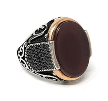 Load image into Gallery viewer, KAR New 925K Sterling Silver Red Agate (Aqeeq) Stone Men's Ring w/Zircon Stone K61U (8.75)