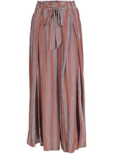Load image into Gallery viewer, Simplee Women's Elegant Striped Split High Waisted Belted Flowy Wide Leg Pants, Rust Red Stripe, 4/6, Small