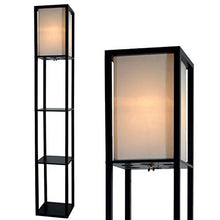 Load image into Gallery viewer, Floor Lamp with Shelves - Room Light by Lightaccents - Corner Storage Standing Bookshelf Lamp - Bedroom Light with Wooden Storage Shelves and White Cotton Linen Shade (Black)