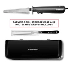 Load image into Gallery viewer, Chefman Electric Knife with Bonus Carving Fork & Space Saving Storage Case Included One Touch, Durable 8 Inch Stainless Steel Blades, Rubberized Black Handle, BPA Free, 120 Volts and Watts