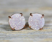 Load image into Gallery viewer, White Druzy Gemstone Prong Set Stud Earring- 8mm- Rose Gold- Women's Jewelry Mother's Day Gift Idea- Wedding- Graduation