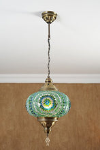 Load image into Gallery viewer, (6 Variations) Newest CopperBull 2018 XL Turkish Moroccan Tiffany Style Handmade Mosaic Hanging Ceiling Lamp Light Pendant Fixture Lantern, XL - 10" Diameter (Turquoise)