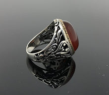 Load image into Gallery viewer, KAR 925K Stamped Sterling Silver Filigree Red Agate (Aqeeq) Men's Ring I1J (10.5)