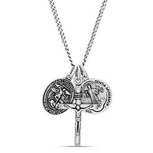 Load image into Gallery viewer, Steve Madden Men's Oxidized Saint Benedict, Crucifix, and Saint Michael Trio Pendant Chain Necklace for Men in Stainless Steel, Silver, 28