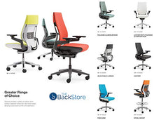 Load image into Gallery viewer, Steelcase Gesture Office Desk Chair with Headrest in Elmosoft Genuine Saddle L147 Leather Plus Lumbar Support Low Platinum Metallic Frame with Seagull Seat/Back Merle Arms (Light/Light)