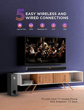 Load image into Gallery viewer, Soundbar for TV, Bomaker 190W 2.1 TV Sound Bar with Subwoofer, 125dB, 6 EQ Modes, LED Display Off, 5 Bass Adjustable Surround Sound for Home Theater, 4K & HD TV, HDMI/Optical/AUX/USB, Wall Mountable