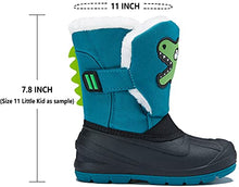 Load image into Gallery viewer, MORENDL Toddler Snow Boots Easy-on Fur Lined Warm Soft Winter Kids Boots with Cute Dinosaur Print Blue 12 US Little Kid