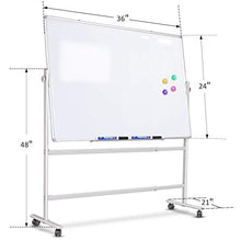 Load image into Gallery viewer, Magnetic Mobile Whiteboard - 36x24" Adjustable Height and 360° Reversible Double-Sided Dry Erase Board Aluminum Frame - White Board with Stand, 4 Markers & Magnets