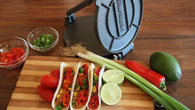 Load image into Gallery viewer, 10 Inch Cast Iron Tortilla Press by StarBlue with FREE 100 Pieces Oil Paper and Recipes e-book - Tool to make Indian style Chapati, Tortilla, Roti