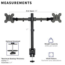 Load image into Gallery viewer, VIVO Dual Monitor Desk Mount, Heavy Duty Fully Adjustable Stand, Fits 2 LCD LED Screens up to 30 inches, Black, STAND-V002