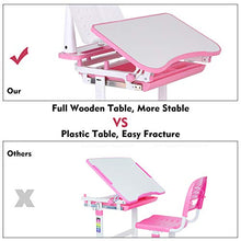Load image into Gallery viewer, POTBY Kids Desk and Chair Set, Height Adjustable Children Study Table with Wood Tiltable Anti-Reflective Tabletop, Bookstand, Pull-Out Drawer Storage and Touch Led for School Students (Pink)