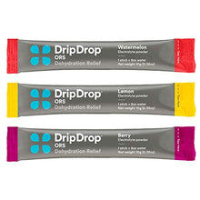 Load image into Gallery viewer, DripDrop ORS – Patented Electrolyte Powder for Dehydration Relief Fast - For Workout, Hangover, Illness, Sweating & Travel Recovery - Watermelon, Berry, Lemon Variety Pack - 32 Servings (11.29 oz)