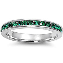 Load image into Gallery viewer, Blue Apple Co. 3mm Channel Set Full Eternity Wedding Band Ring Round Simulated Green Emerald 925 Sterling Silver, Size-6