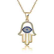 Load image into Gallery viewer, Sloong Evil Eye Hamsa Hand Necklace 14k Gold Plated Third Eye White Blue Cz Womens Pendant Necklace