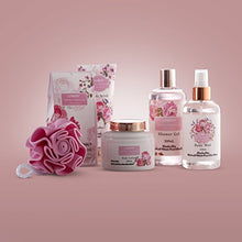 Load image into Gallery viewer, Home Spa Gift Basket - Wild Rose & Raspberry Leaf Scent - Luxurious 7 Piece Bath & Body Set For Men/Women, Contains Shower Gel, Body Lotion, Body Scrub, Bath Salt, Body Mist, Bath Puff & Shower Caddy
