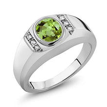 Load image into Gallery viewer, Gem Stone King 1.39 Ct Oval Green Peridot White Created Sapphire 925 Sterling Silver Men's Ring (Size 9)