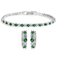 Load image into Gallery viewer, Silvertone Cubic Zirconia CZ Round Created Emerald Diamond Huggie Hoops Hoop Earrings Tennis Bracelet Prom Fashion Set Jewelry for Women Size 7" Cttw 9.2
