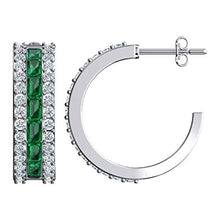 Load image into Gallery viewer, Silver Smile Sterling Silver Hoop Earrings | 2.5 CTW Dual Lab-Created White Topaz and Emerald Earrings With Push Backs | Baguette Huggie Earrings | Cute Earrings Aesthetic | Hanging Earrings