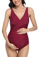 Load image into Gallery viewer, EastElegant Maternity One Piece Swimwear Pregnancy Front Cross Bathing Suits with Adjustable Shoulder Straps Wine Red S