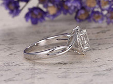 Load image into Gallery viewer, White sapphire Engagement Ring 14K White Gold 5x7mm Oval Cut Sapphire Halo Ring Criss Cross Ring, Twist Band SI I-J Diamonds VS White Gemstone