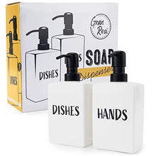 Load image into Gallery viewer, Granrosi Soap Dispenser for Kitchen Sink, Set of 2 Hand & Dish Soap Dispenser for Bathroom Counter, Refillable Ceramic Liquid and Foam Soap Pump, Leak Proof, Farmhouse Decor, 3.4 x 2 x 7 in (White)
